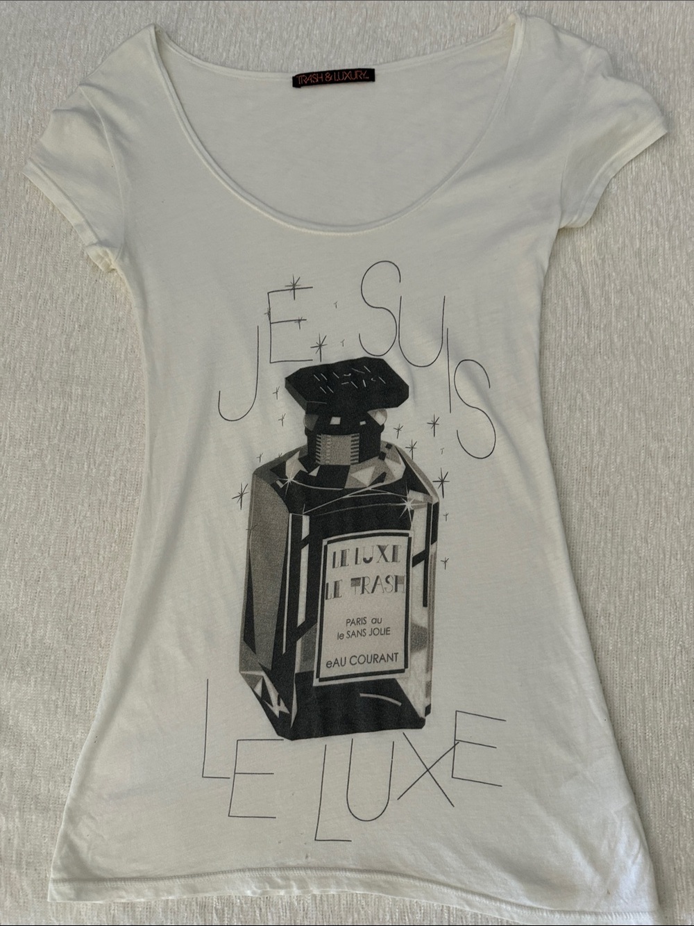 Trash & Luxury White Scoop-Neck Graphic Tee with Black Perfume Bottle Print